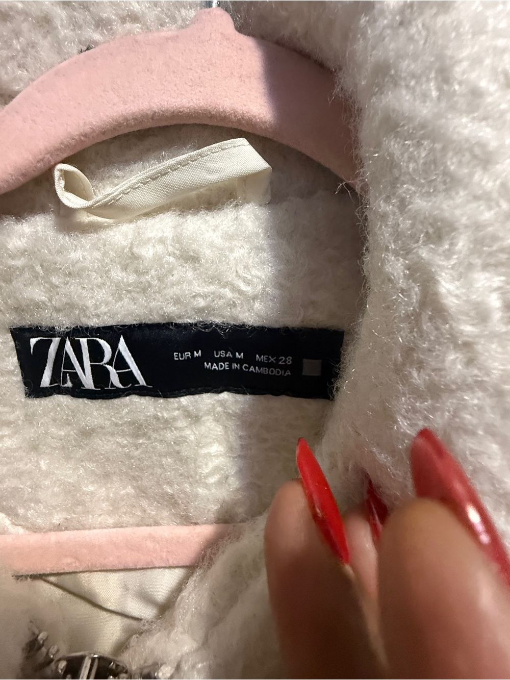 Zara Cream Teddy Jacket with Pink Collar Accent